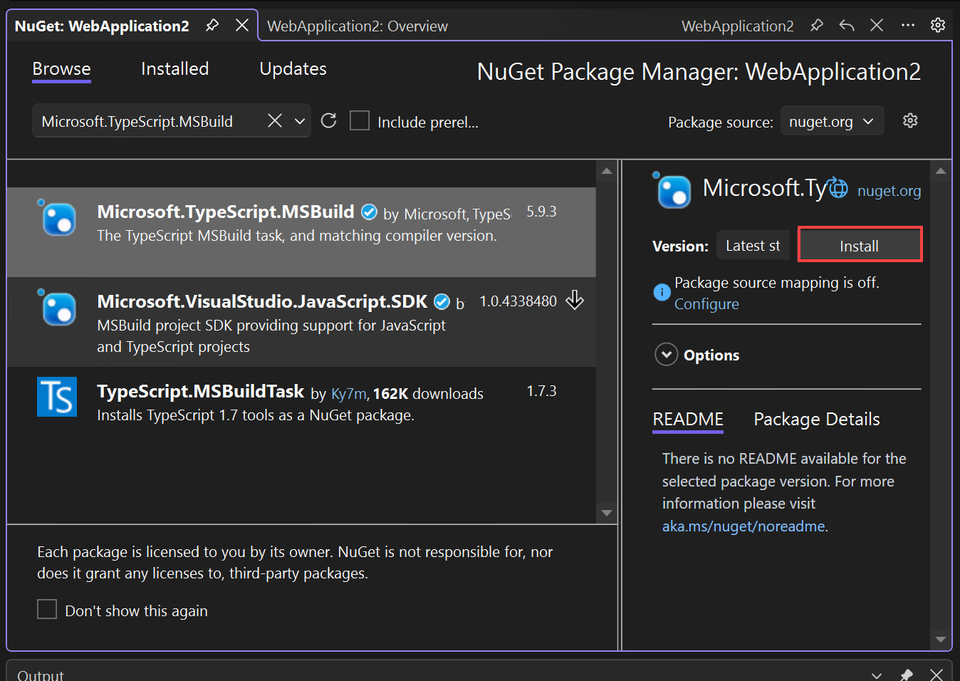 Captura de tela que mostra como instalar o pacote NuGet.