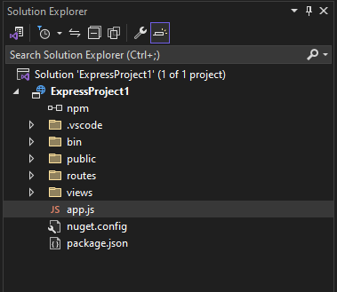 Captura de tela do novo projeto com o Gerenciador de Soluções aberto no Visual Studio 2022.