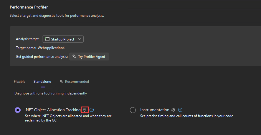 Captura de tela que mostra o botão de configurações para o Controle de Alocação de Objeto do .NET.