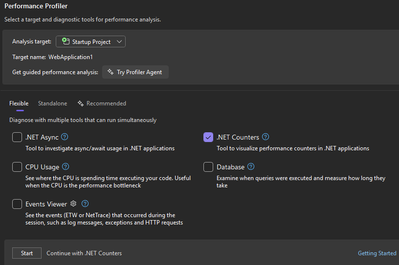 Captura de tela da ferramenta Counters no Visual Studio selecionada.
