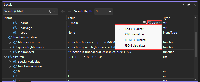 Captura de tela mostrando como acessar visualizadores na lupa de exibição no depurador do Visual Studio.
