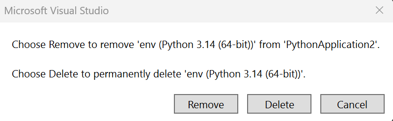Captura de tela que mostra como excluir ou remover um ambiente do Python.