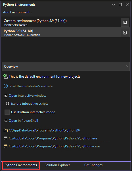 Captura de tela que mostra a janela Ambientes do Python no Visual Studio.