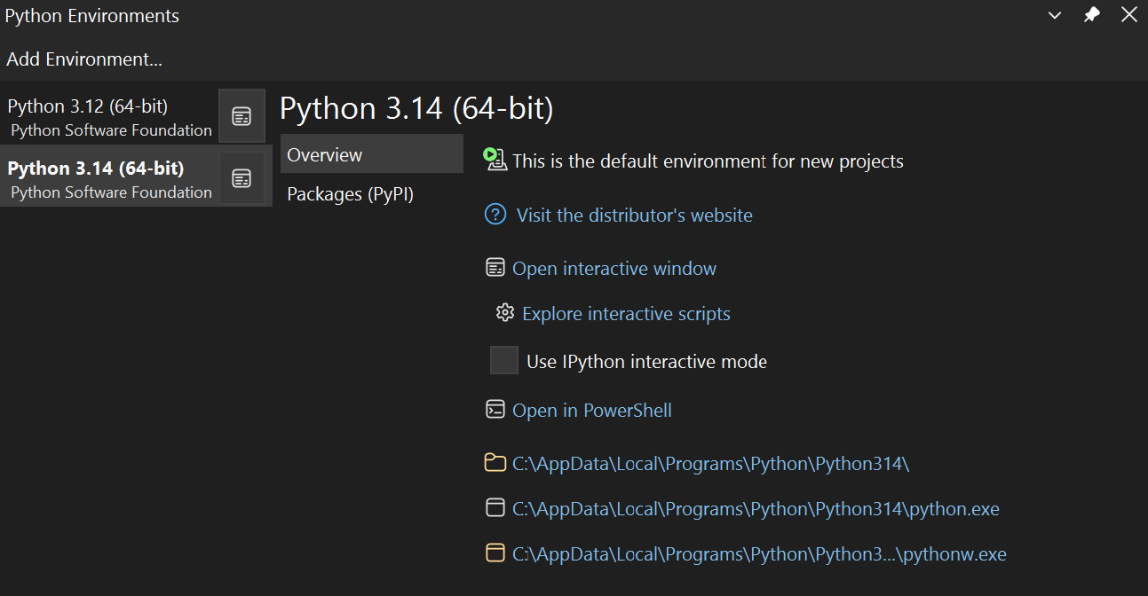 Captura de tela da janela expandida dos Ambientes do Python.