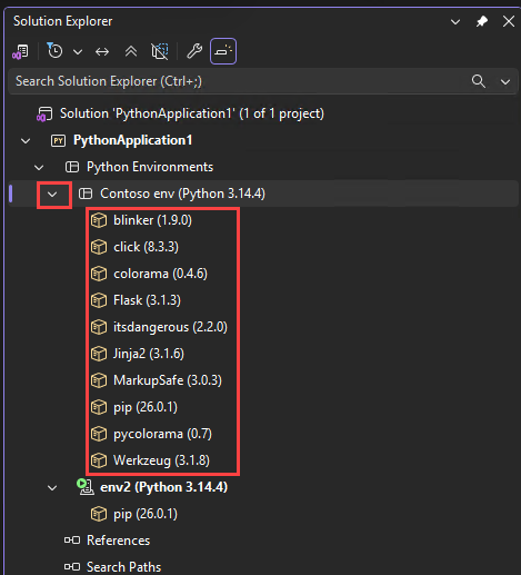 Captura de tela que exibe pacotes Python de um ambiente no Gerenciador de Soluções no Visual Studio.