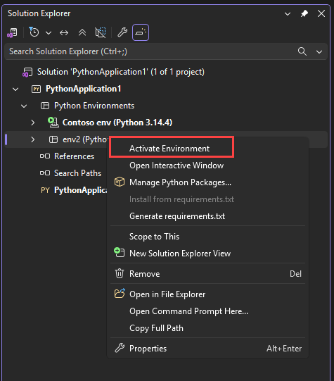 Screenshot que mostra como ativar um ambiente de projeto em Visual Studio.