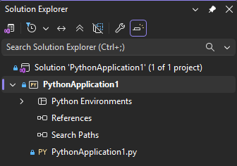 Captura de tela que mostra um projeto do Python aberto no Gerenciador de Soluções no Visual Studio.