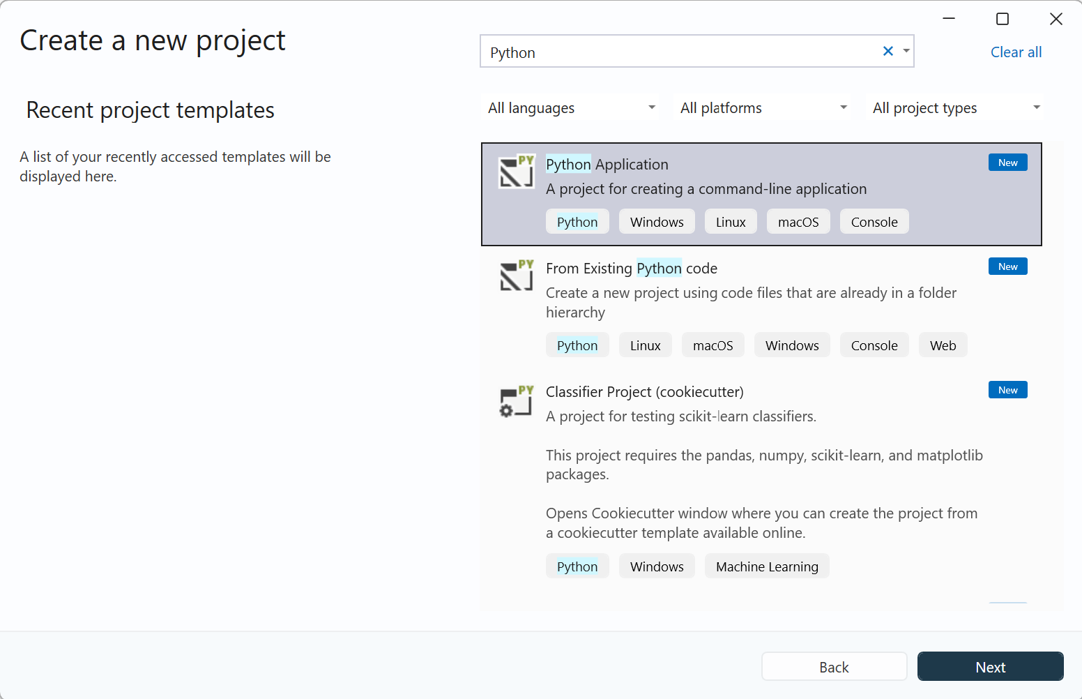 Captura de tela mostrando a caixa de diálogo Criar um novo projeto no Visual Studio. Os modelos de projeto do Python estão visíveis.