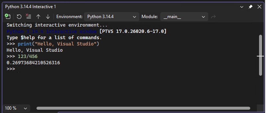 Captura de tela que mostra como a Janela Interativa exibe resultados imediatos para o código inserido no Visual Studio.