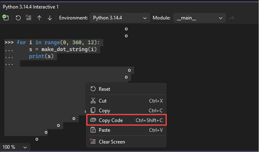 Captura de tela que mostra o comando de copiar código da Janela Interativa em uma seleção que inclui prompts e saída no Visual Studio.