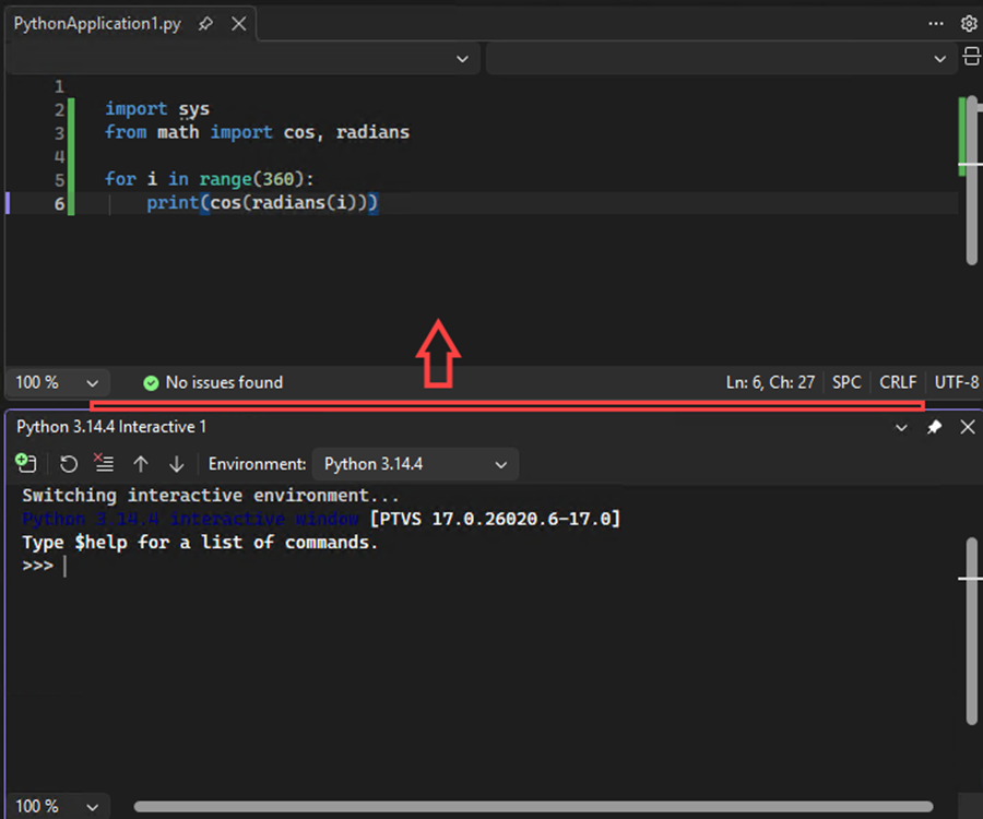 Captura de tela que mostra como mover o separador para aumentar o tamanho da Janela Interativa no Visual Studio.