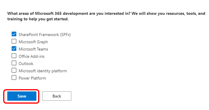 Escolha da área de desenvolvedor do Microsoft 365