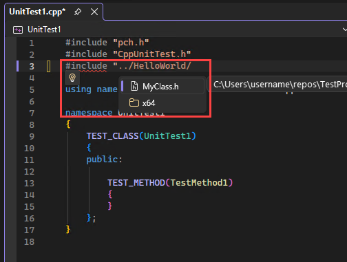 A captura de tela mostra o Gerenciador de Soluções com uma instrução #include com o IntelliSense realçando um arquivo de cabeçalho no Visual Studio.