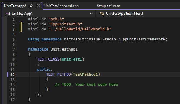 A captura de tela mostra uma classe stub e um método usando as macros TEST_CLASS e TEST_METHOD no Visual Studio.