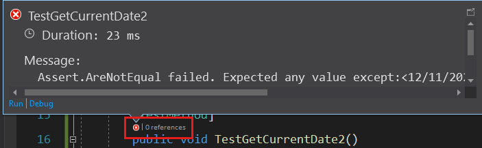 Captura de tela mostra o ícone do C++ CodeLens depois que você o seleciona para obter detalhes no Visual Studio 2022.