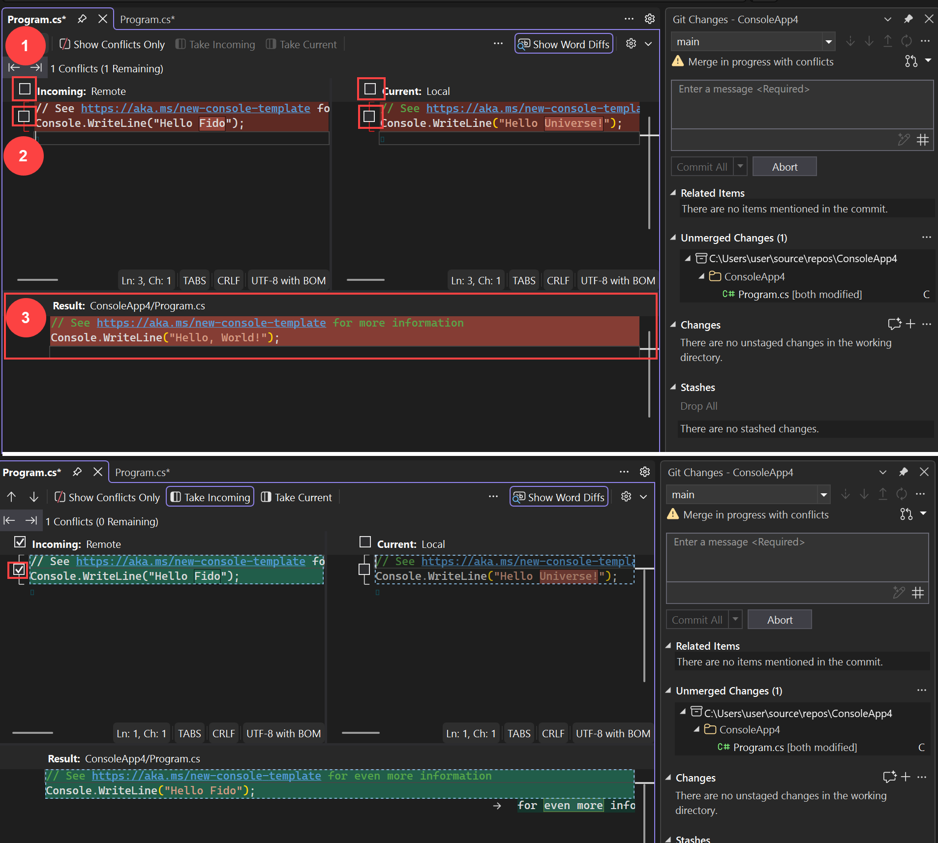 Captura de tela que mostra como resolver um conflito de mesclagem no Visual Studio.