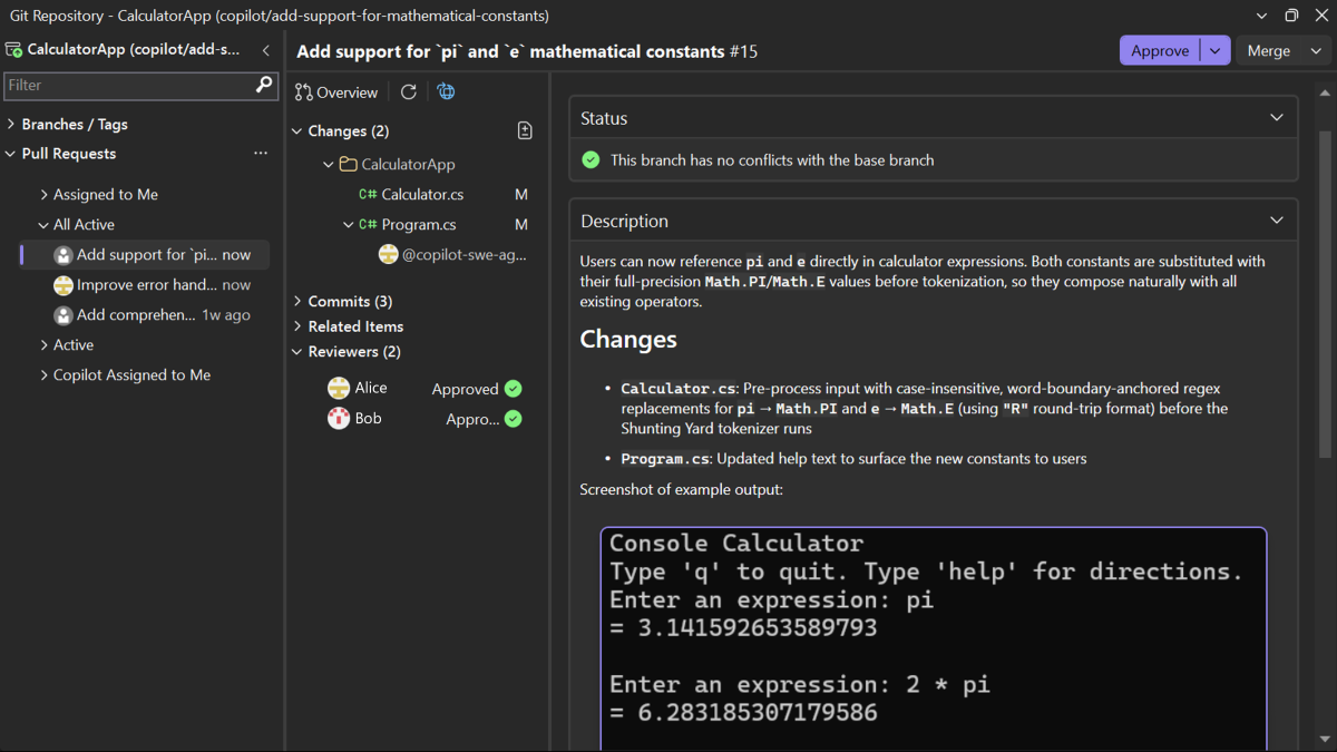 Captura de tela de uma visão geral da solicitação de pull com verificações de status, votos do revisor e votação e ações completas no Visual Studio.