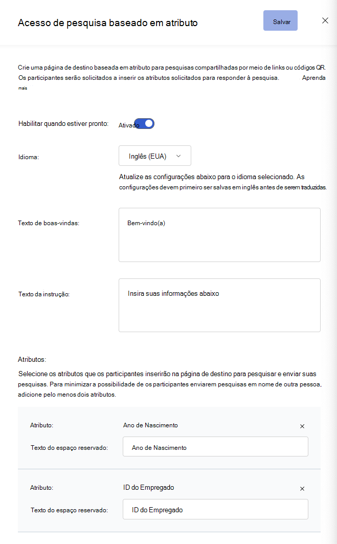 Captura de tela do painel de configuração de acesso à pesquisa baseada em atributos em Configurações gerais.