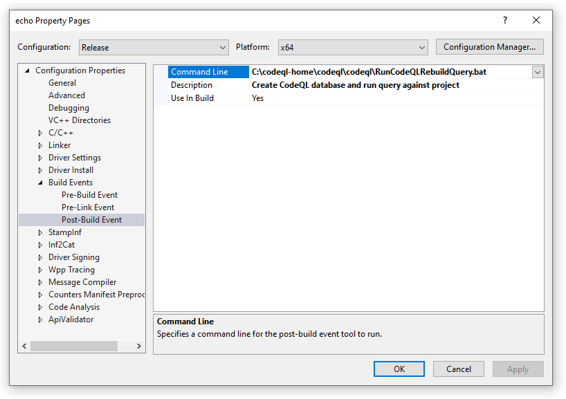 Configuração de evento pós-build do Visual Studio mostrando um arquivo em lote configurado como uma opção de linha de comando.