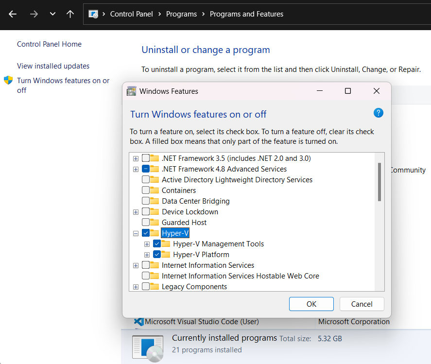 Caixa de diálogo programas e recursos do Windows