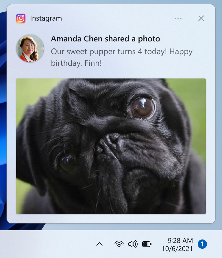 Uma captura de tela cortada da área de trabalho mostrando uma notificação com uma imagem integrada.