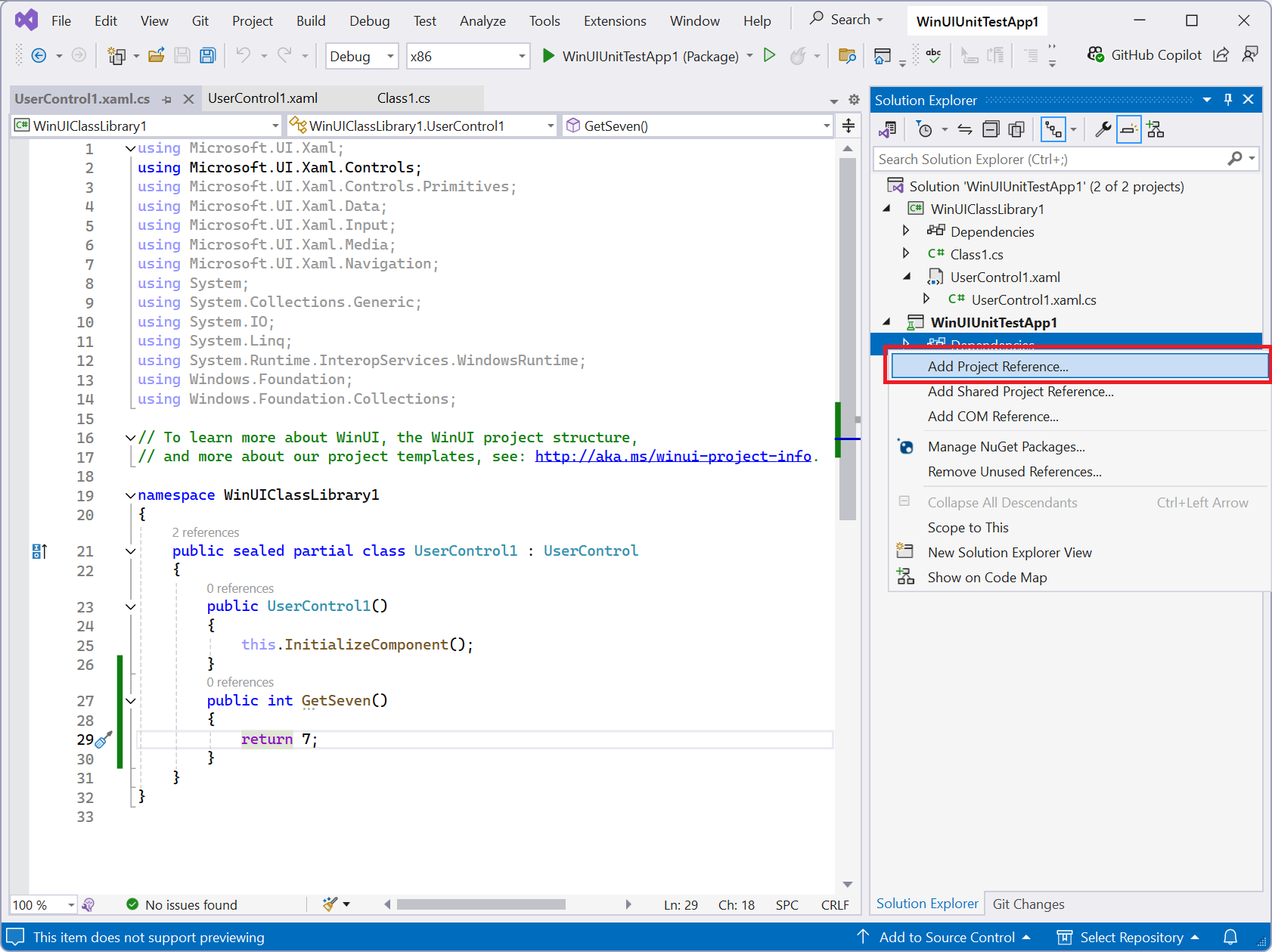 Captura de tela do menu de contexto Dependências com Adicionar Referência de Projeto realçado no Visual Studio.