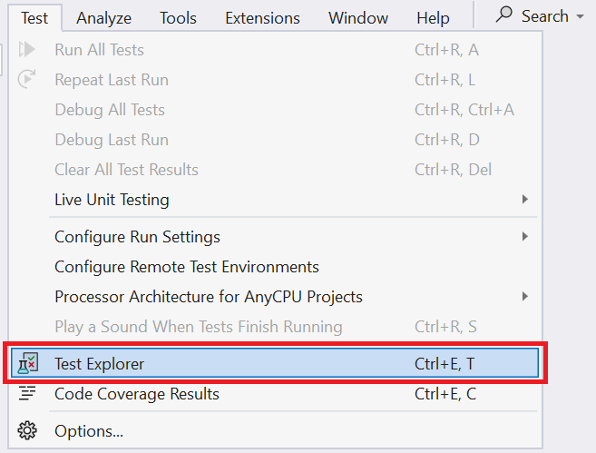 Captura de tela do menu Test no Visual Studio.