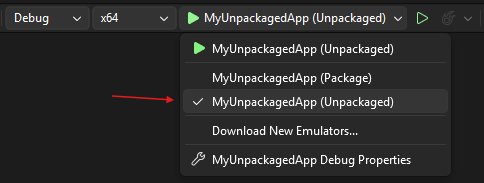 Visual Studio – inicie a lista suspensa com o perfil de inicialização não empacotado do aplicativo C# realçado