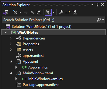 Gerenciador de Soluções mostrando os arquivos de um projeto WinUI em Visual Studio.