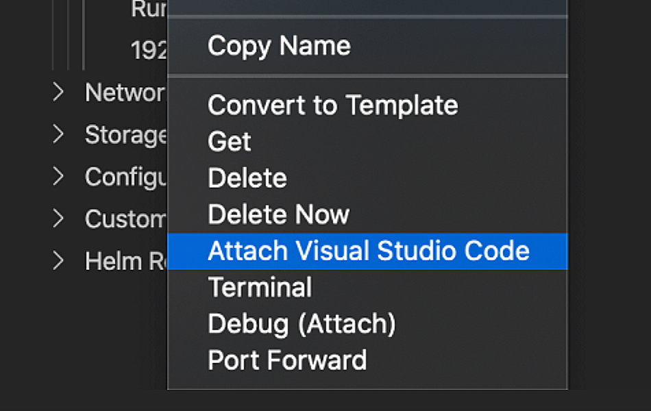 Captura de tela de anexação do VSCode ao Docker