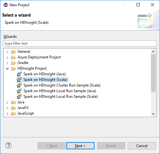 Selecionando o projeto Spark no HDInsight (Scala).