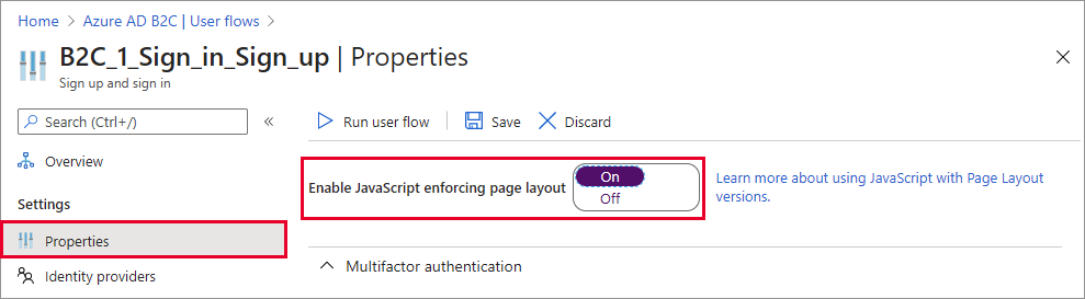Página de propriedades de fluxo de usuário com a configuração Ativar JavaScript realçada