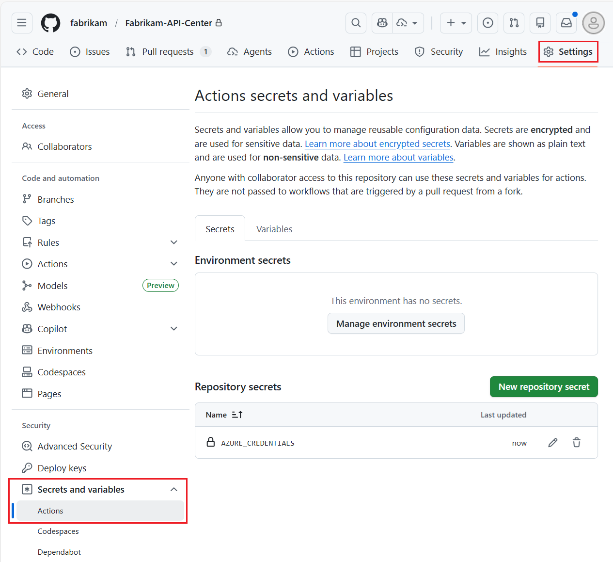 Captura de ecrã dos segredos das Ações num repositório GitHub.