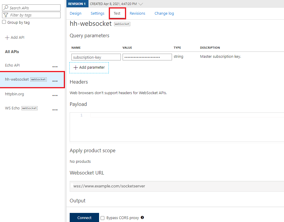 Captura de ecrã a mostrar as opções de teste da API.