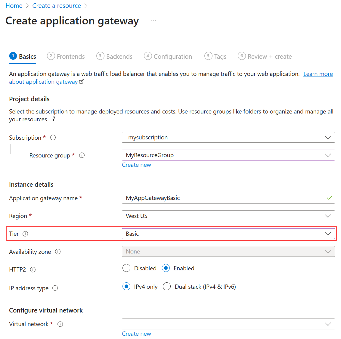 Uma imagem da criação de um novo gateway de aplicações: aba Noções básicas.