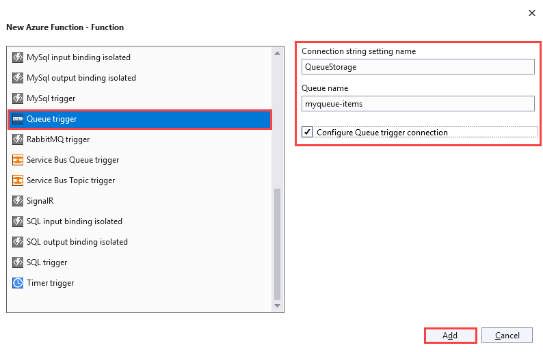 Captura de ecrã da caixa de diálogo Nova Função do Azure para um disparador de fila, com o nome da cadeia de conexão definido como QueueStorage e a fila definida como myqueue-items.