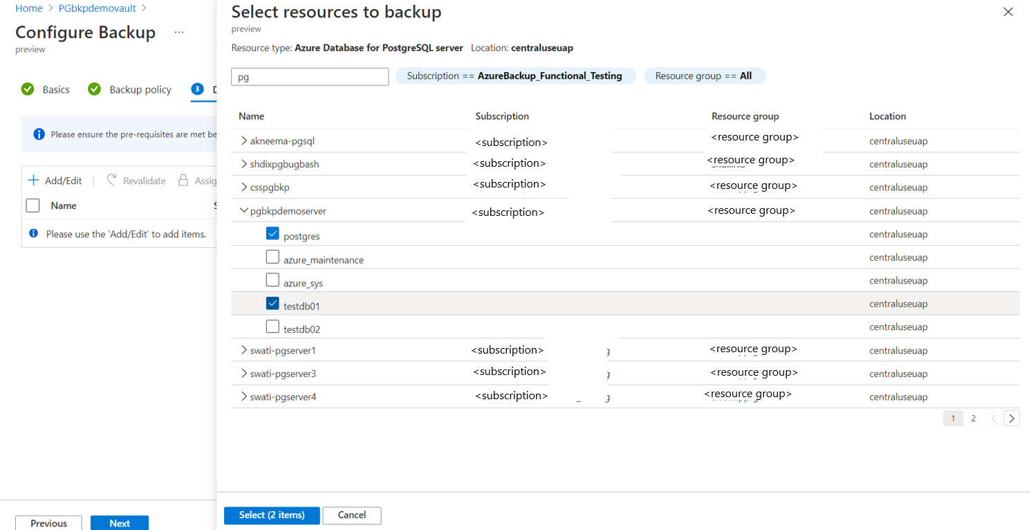 Captura de tela que mostra o painel para escolher um Banco de Dados do Azure para servidor PostgreSQL.