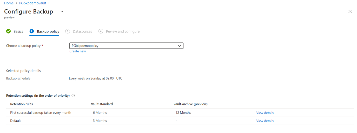 Captura de tela que mostra a opção de adicionar uma política de backup.