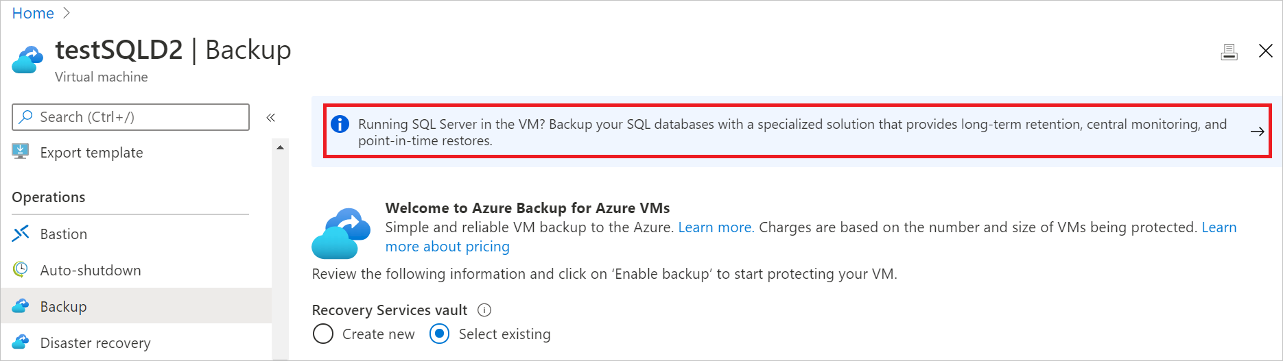 A captura de tela mostra a exibição de backup do SQL Server.