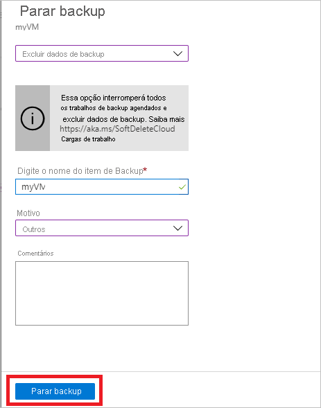 Captura de ecrã que mostra as seleções para parar uma cópia de segurança.