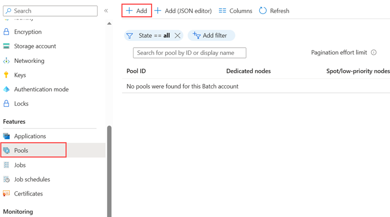 Captura de ecrã da página Pools numa conta do Batch, que destaca a opção Pools na navegação do lado esquerdo e o botão Adicionar na página Pools.