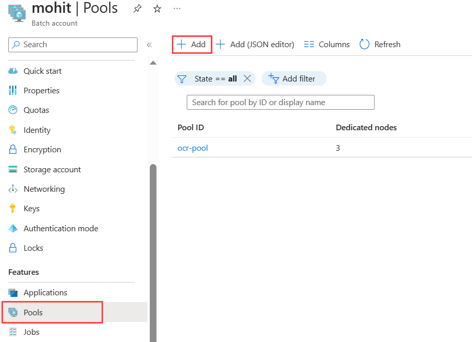 Captura de ecrã da página Pools numa conta Batch que destaca o botão Adicionar.