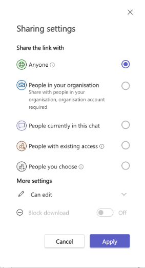 Captura de ecrã de um cliente Teams listando permissões de ficheiros.