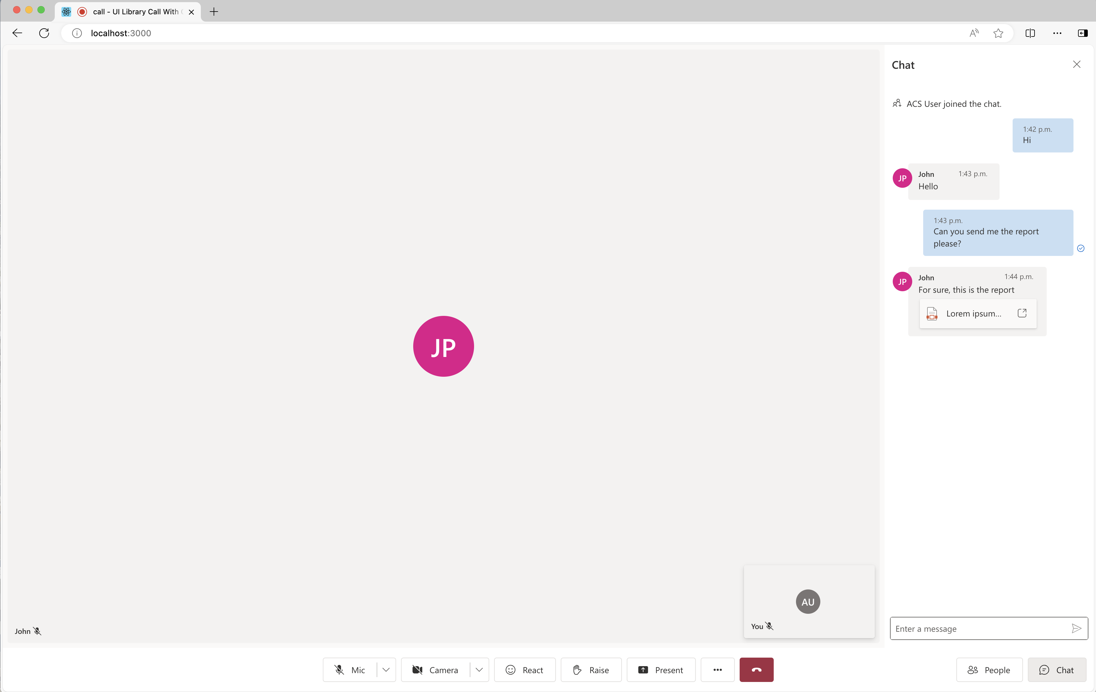 Captura de ecrã da biblioteca de UI dos Serviços de Comunicação Azure a receber um ficheiro.