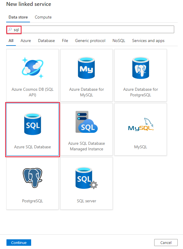 Selecionar o conector de Base de Dados SQL do Azure.