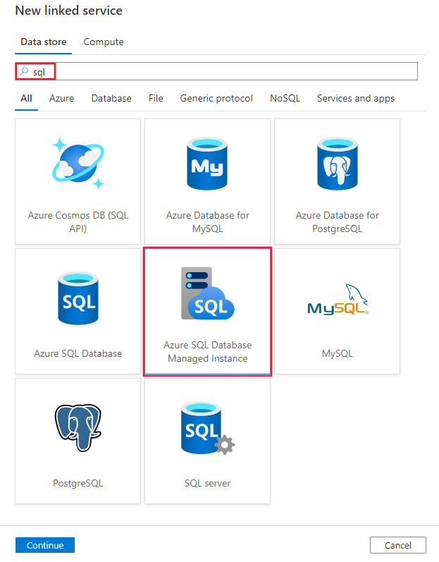 Captura de ecrã do conector Azure SQL Server Managed Instance.