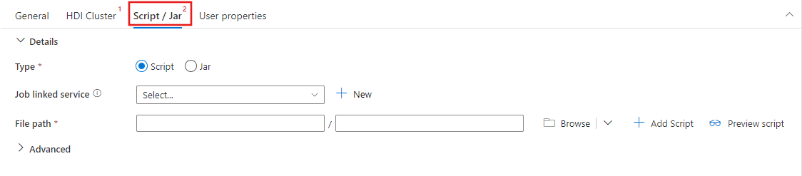 Mostra a interface de utilizador do separador Script/Jar para uma atividade Spark.