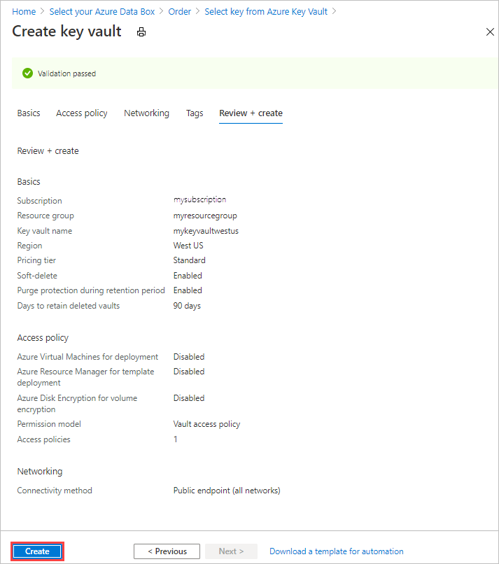 Captura de tela da tela de revisão do Novo Cofre de Chaves do Azure na guia Segurança do pedido de exportação do Data Box.