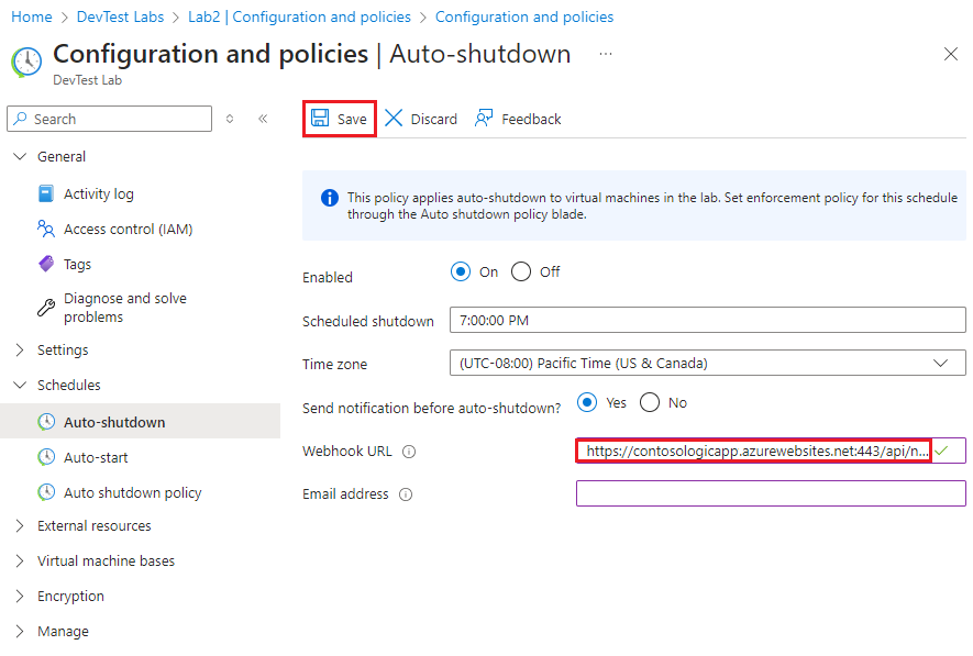 Captura de tela mostrando a colagem do URL do webhook nas configurações de desligamento automático.