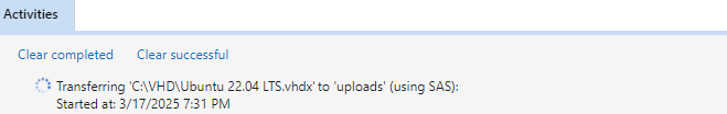 Captura de tela que mostra o painel Atividades com o status do carregamento.